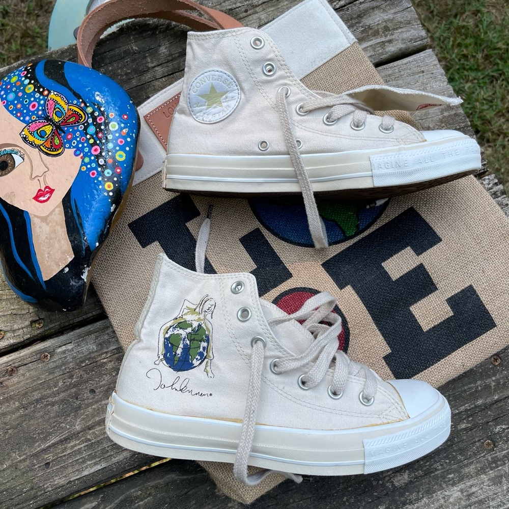 Rare John Lennon Pre-owned Chuck Taylor Hi Top Cream Canvas Unisex M-5 W-7